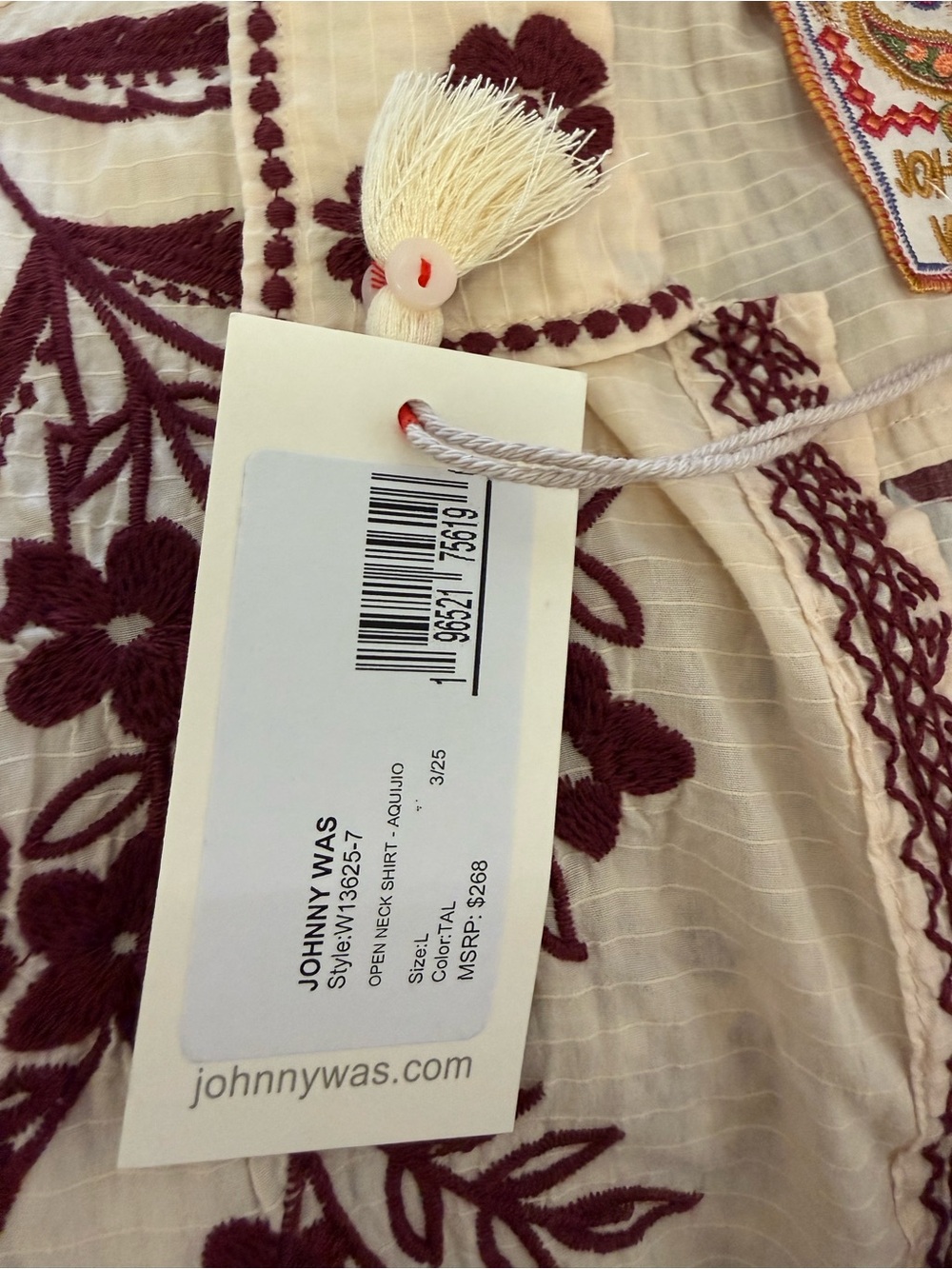 Johnny Was NWT Embroidered Floral Blouse Top Cream Burgundy Maroon Boho L - Picture 9 of 12
